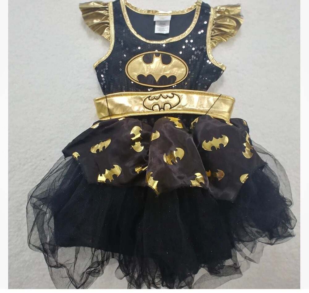 Batgirl Girls Medium Black Gold Deluxe Costume Dress Cape Mask